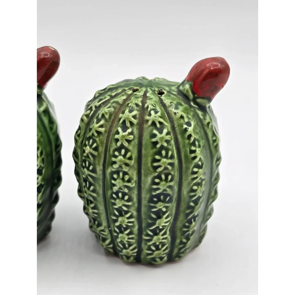 Cactus Salt and Pepper Shaker red flower ceramic vintage southwest‎ 3